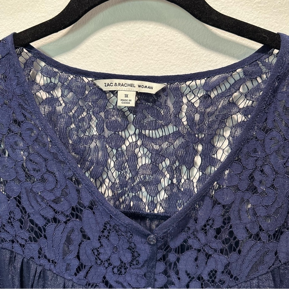 Zac & Rachel Navy Lace Trim Sheer Lightweight Chic 3/4 Sleeve Top Womens Size 1X - Picture 6 of 8